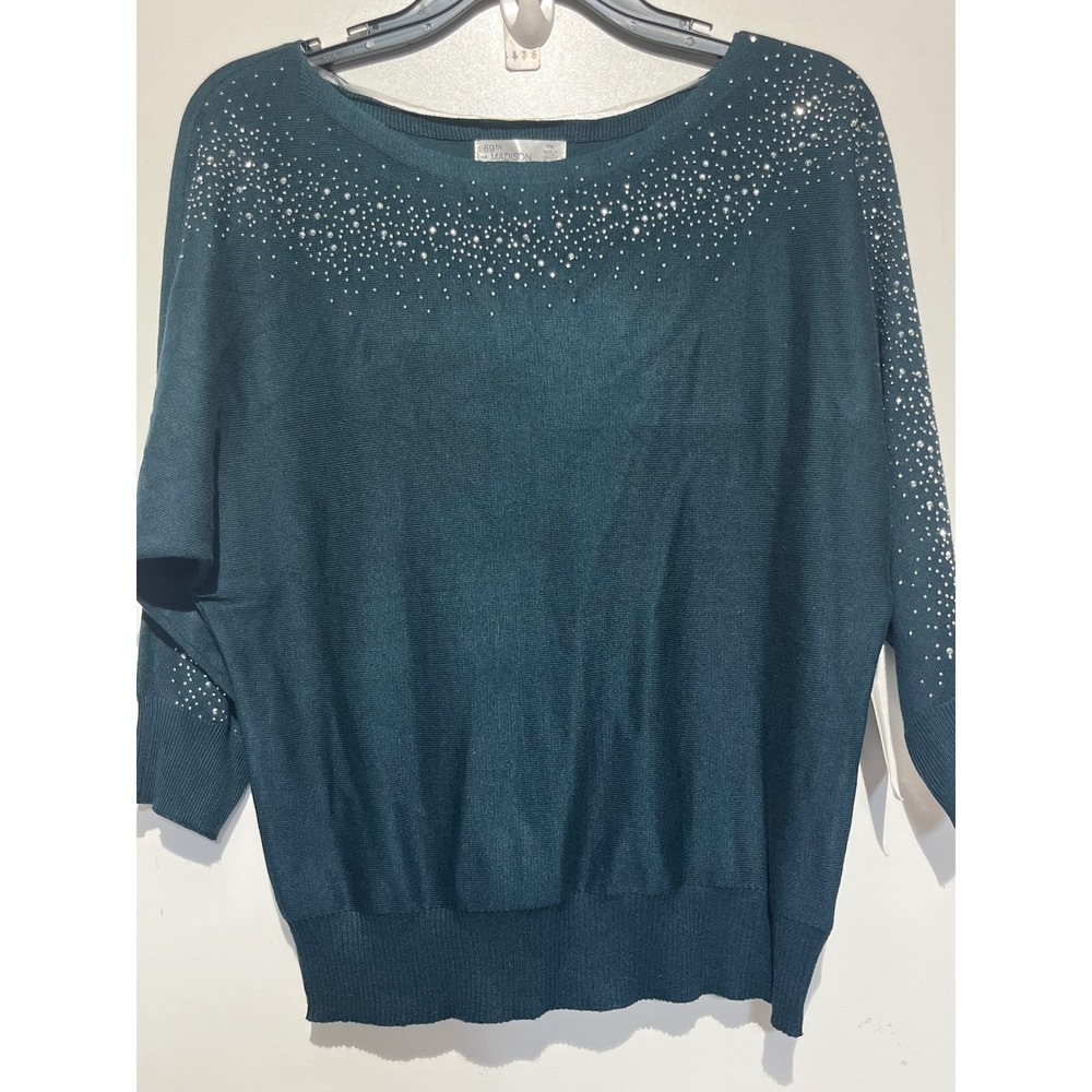 89th + Madison Tartan‎ Green Rhinestone Embellished Batwing Sweater PM NEW
